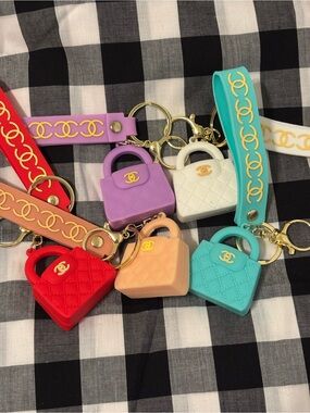 Quilted Mini Handbag Keychain - Turquoise, Red, Lilac, Peach & White
